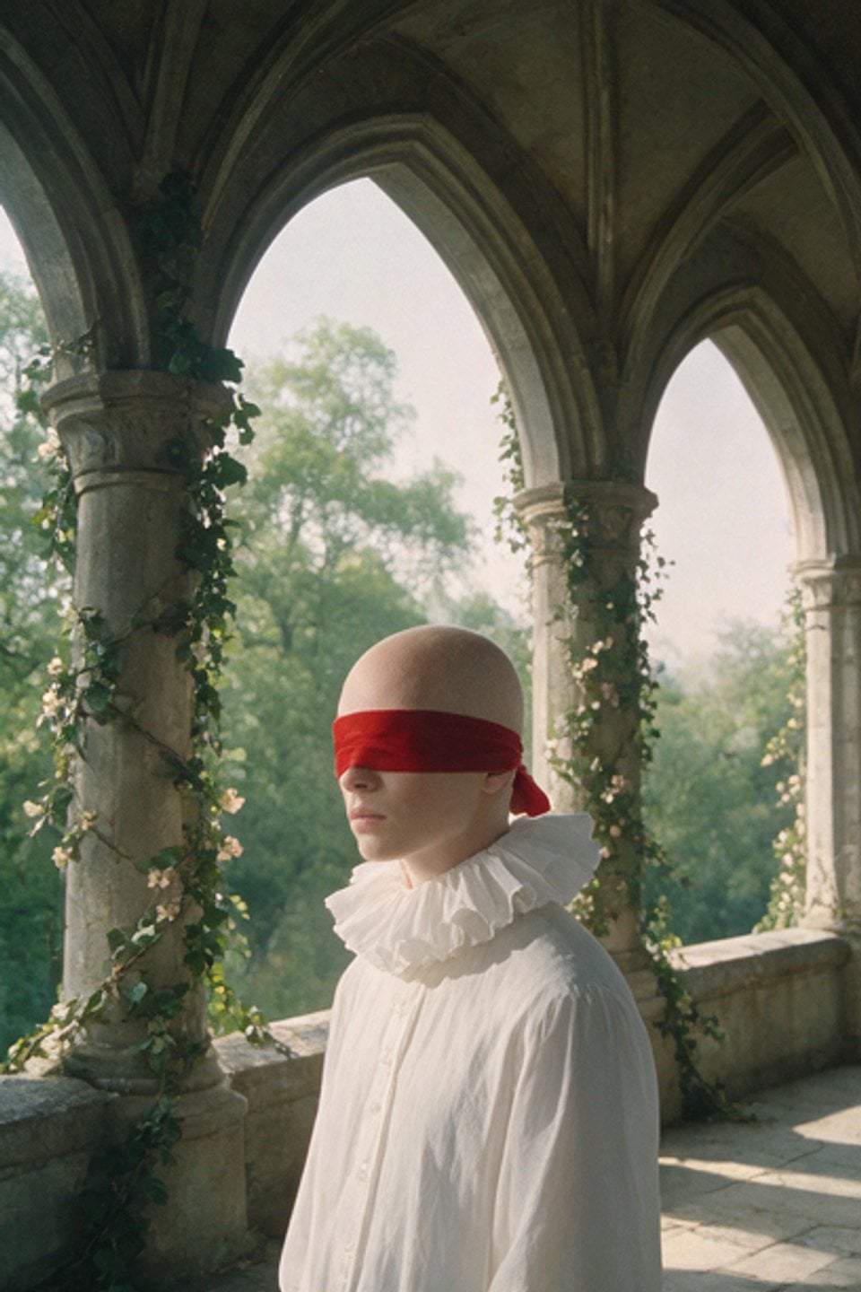 Film still: garden, blindfolded