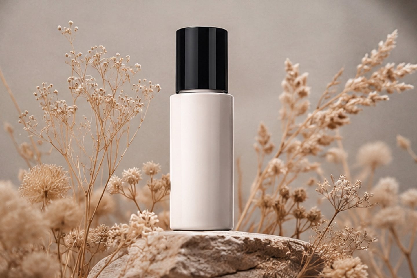 Base fluid bottle among dried flowers