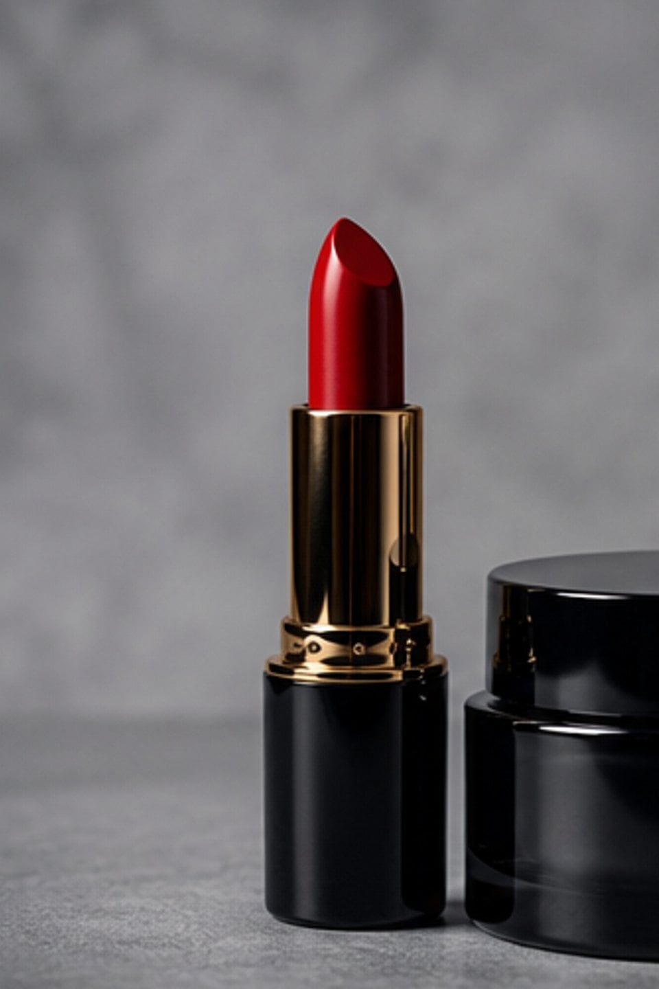 Carmine lipstick beside black jars