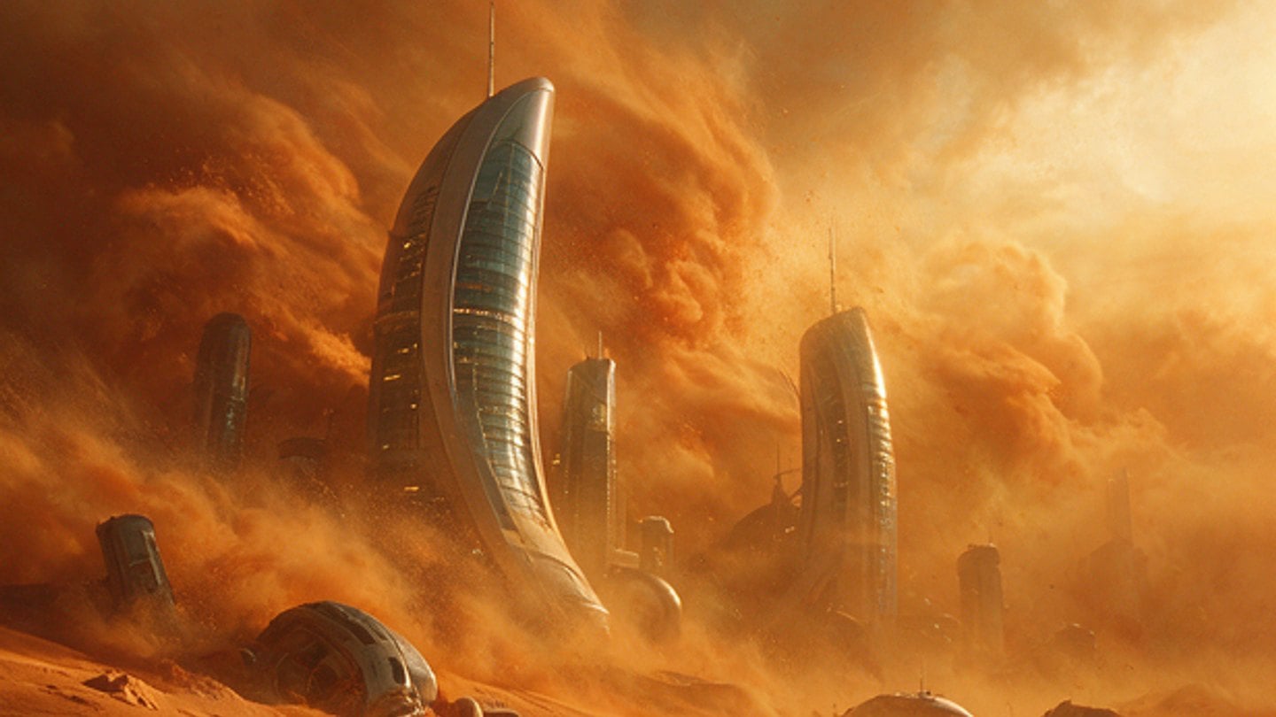 Pressurized domes on a red world braced against an oncoming sandstorm