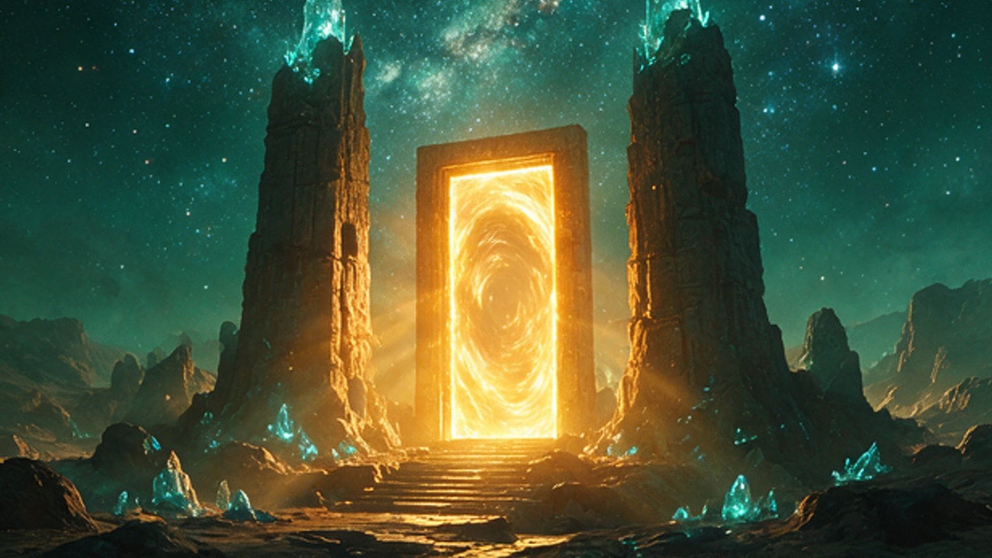 A glowing resonance gate standing between two monolithic towers under a green sky