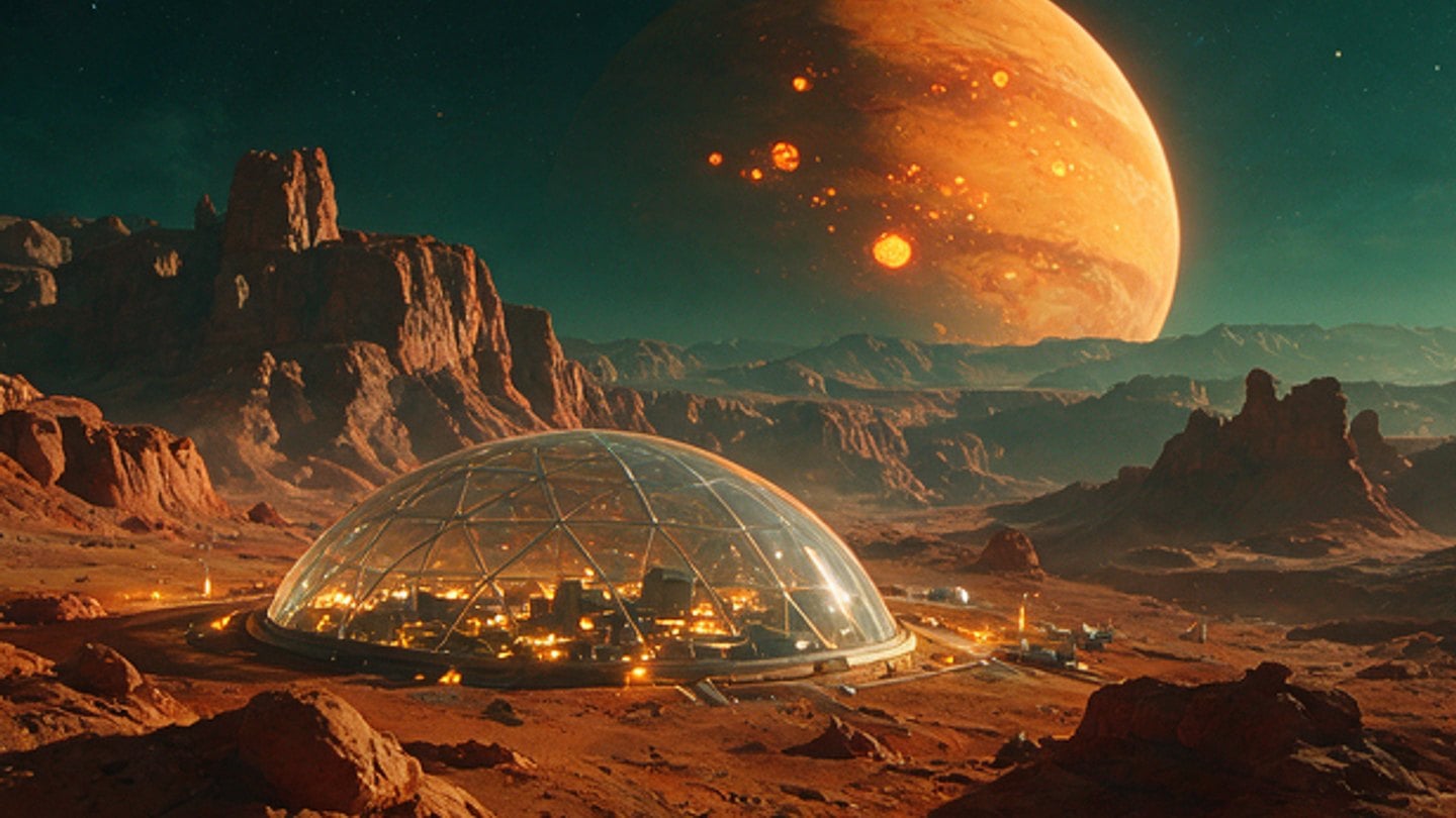 A lone desert research station beneath an enormous cratered planet