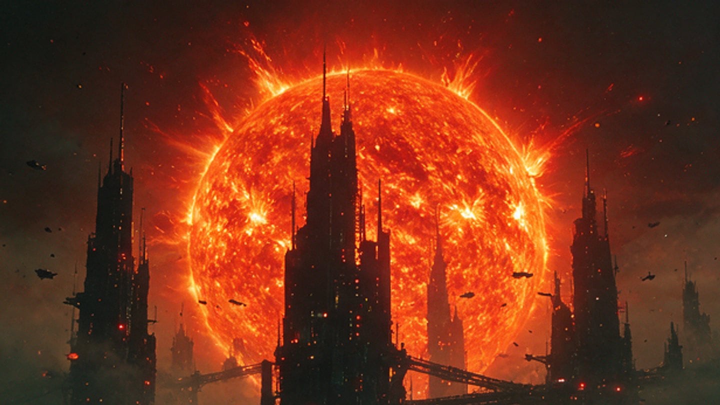 Dark industrial towers silhouetted against a vast dying red sun