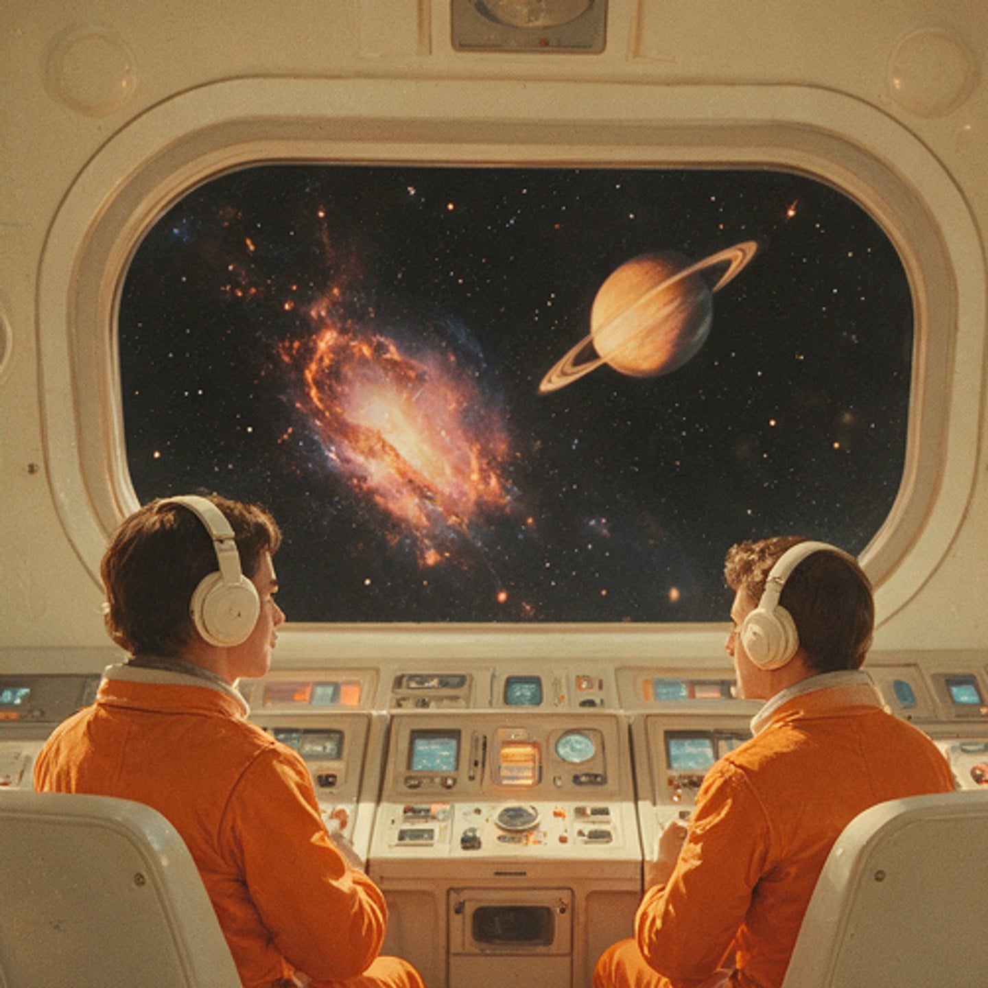 Retro-futurist painting of two crew members watching a galaxy through a cockpit window