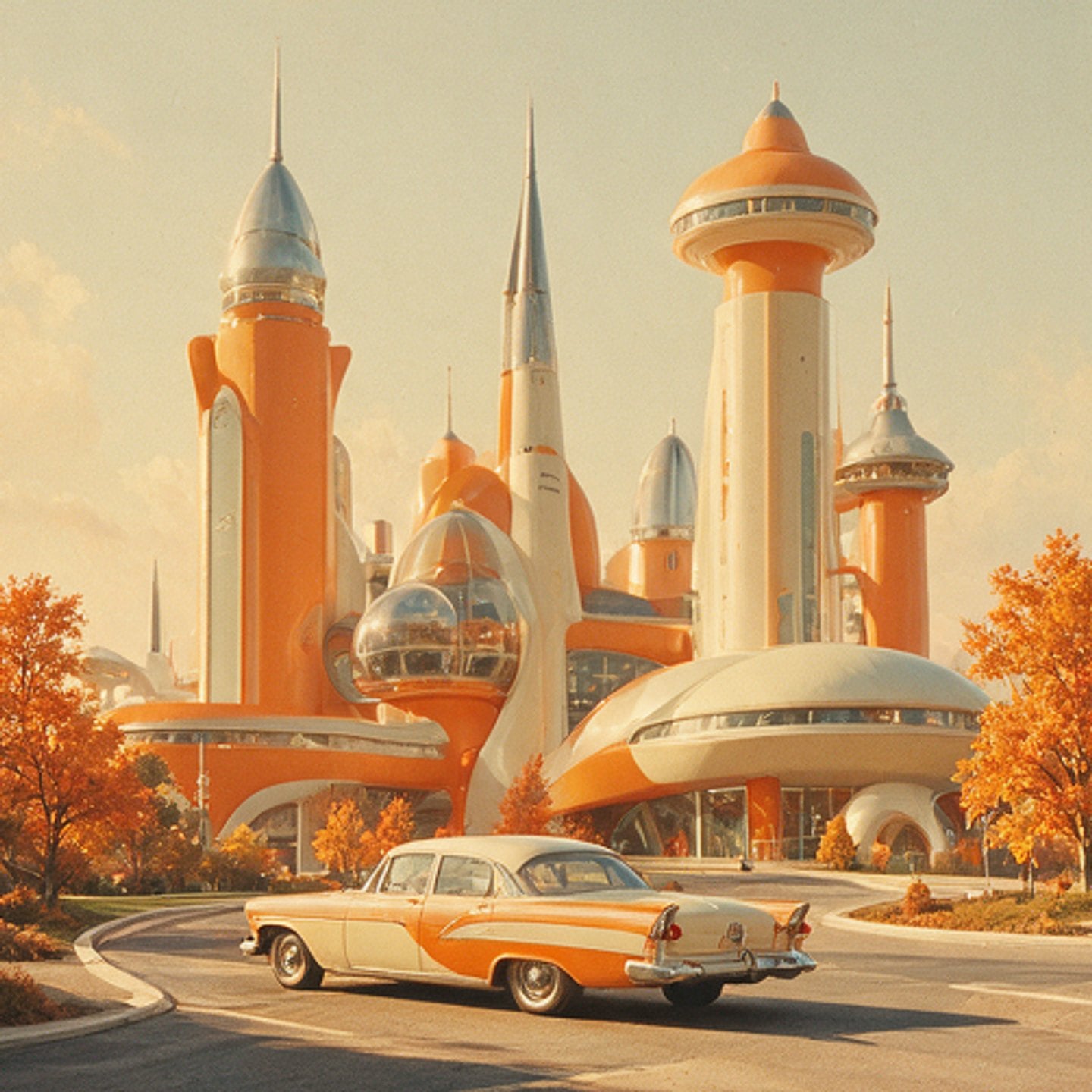 Atomic-age illustration of an orange civic building with a vintage car out front