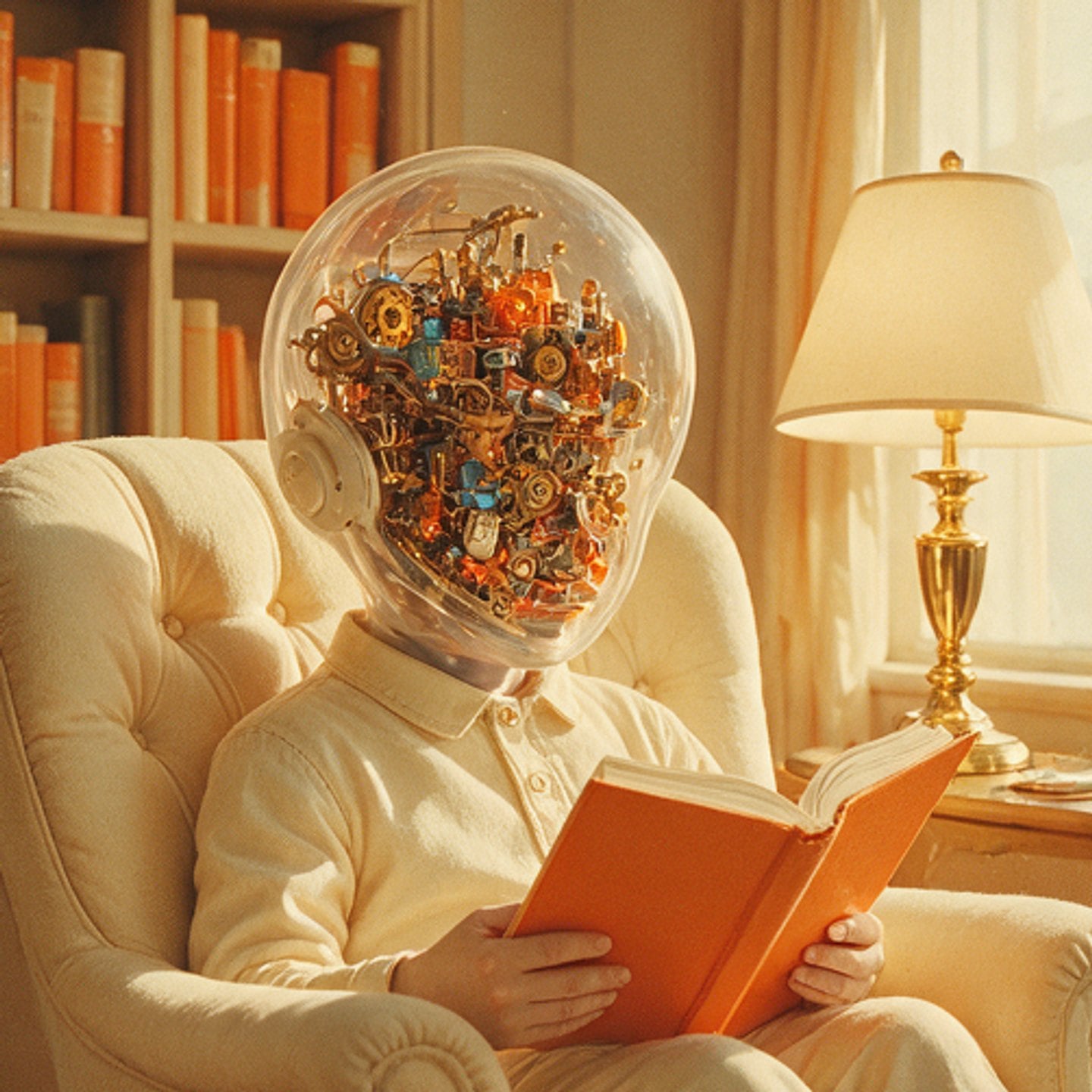 Retro illustration of a person reading an orange book in a cream armchair
