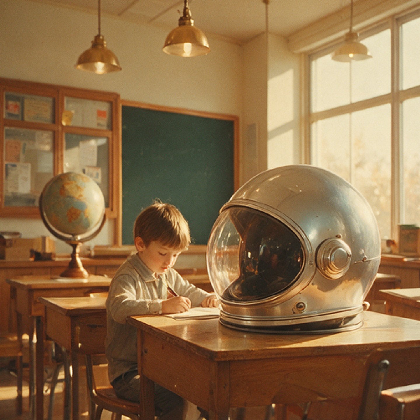 Vintage sci-fi classroom scene with domed learning machines