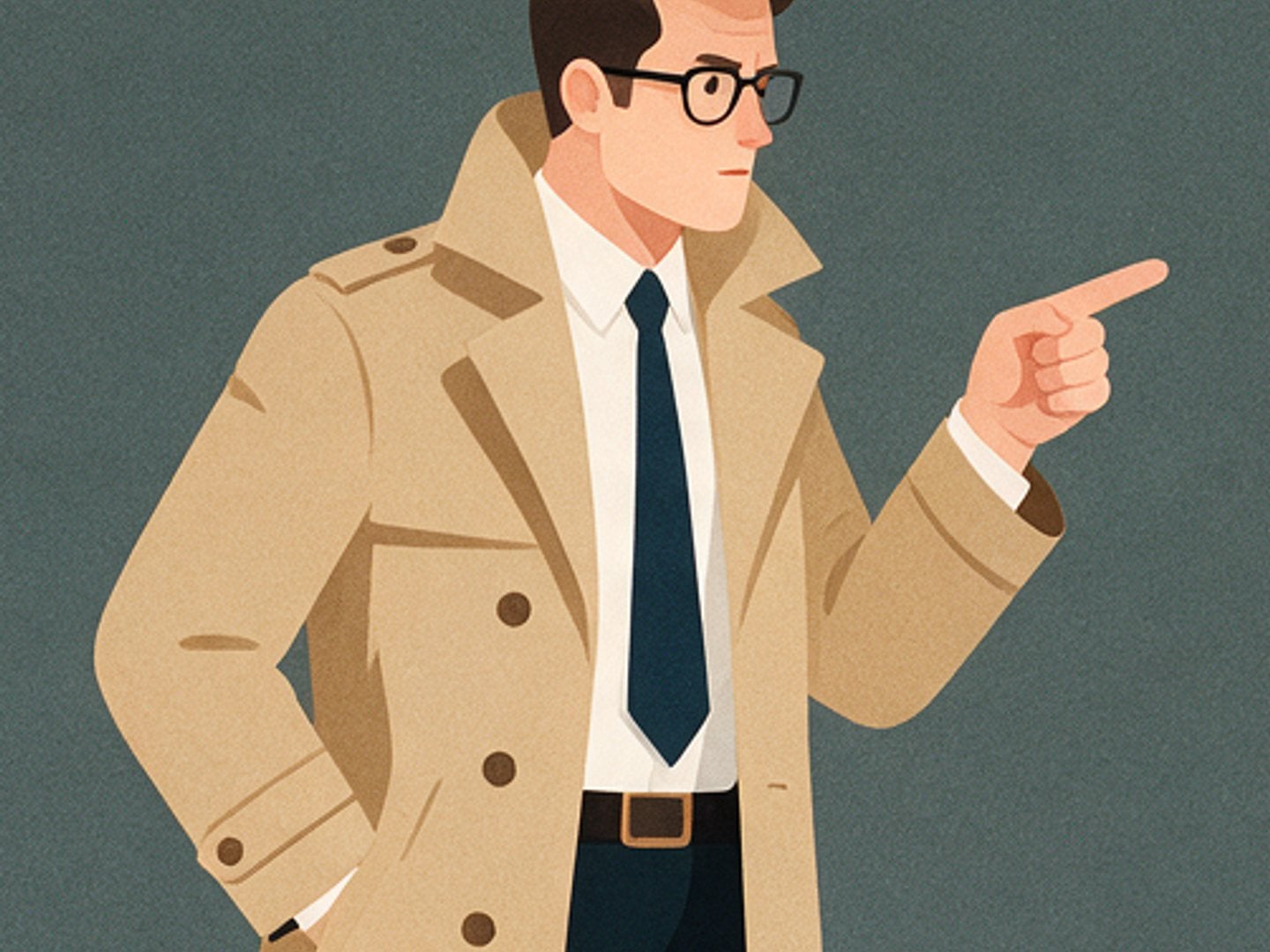 Editorial illustration of a trench-coated informant pointing offscreen