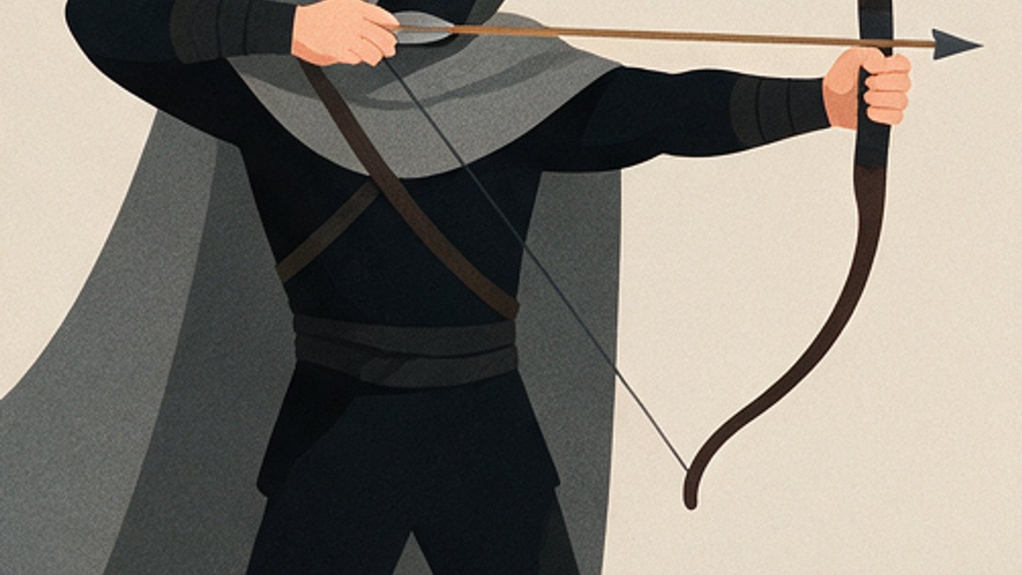 The Long Shot — hooded archer drawing a bow
