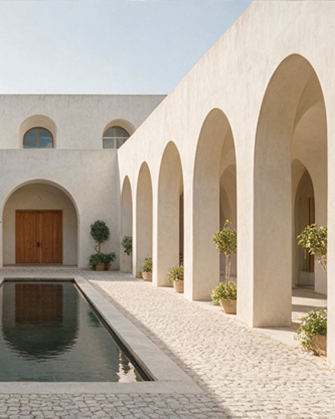 Arched plaster courtyard and long pool at Sa Clasta