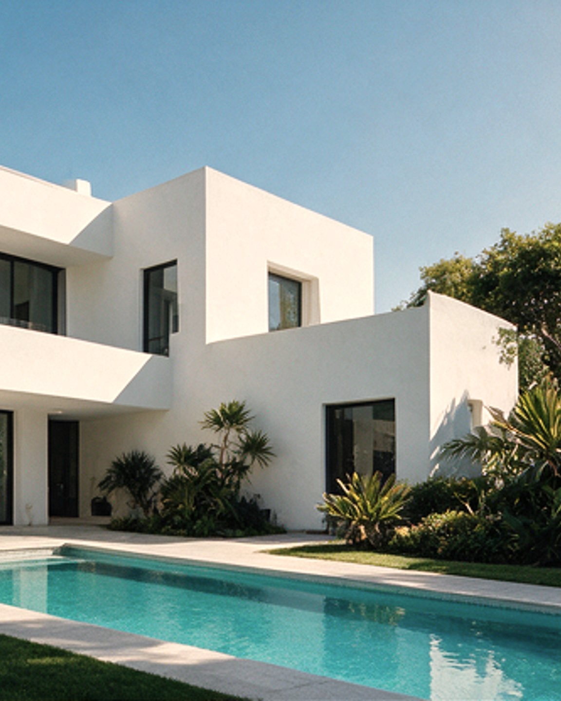 White rendered villa and pool at Casa Vent in afternoon light