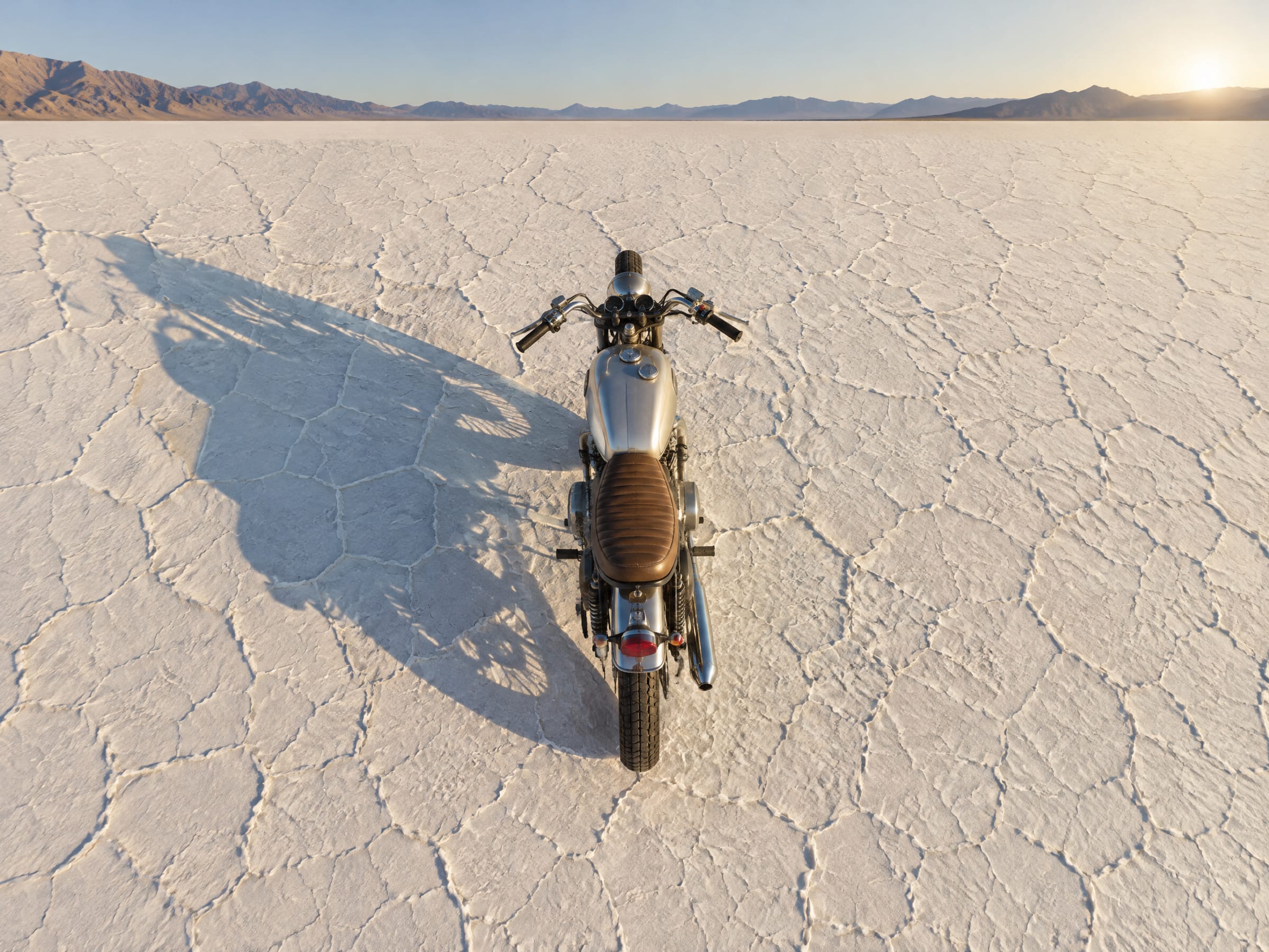 Moto de época sobre una salina
