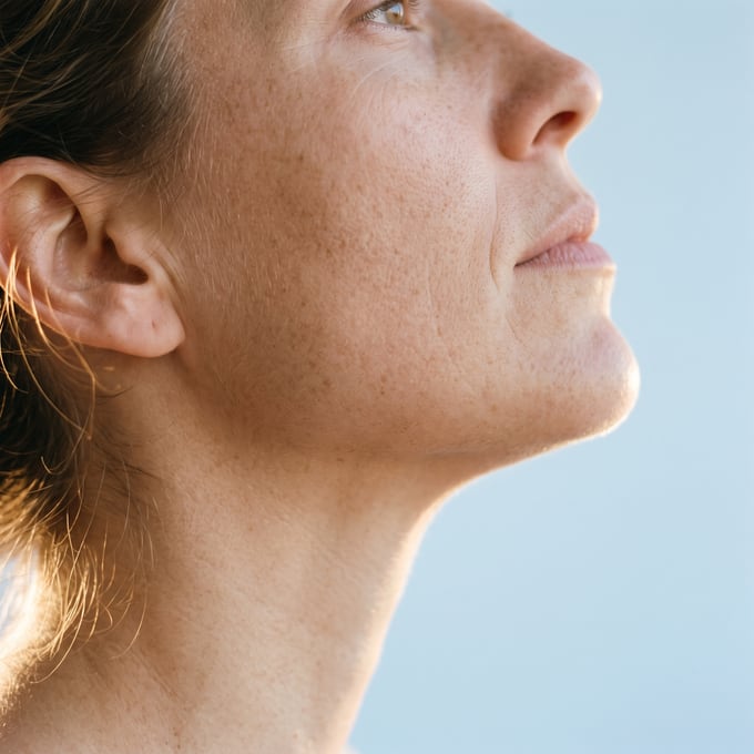 Profile against a bright wall, chin lifted