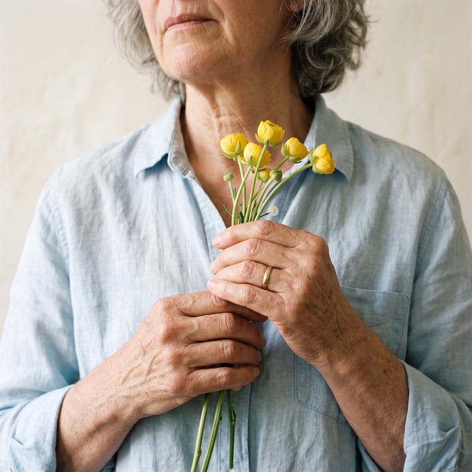 Two hands holding cut ranunculus