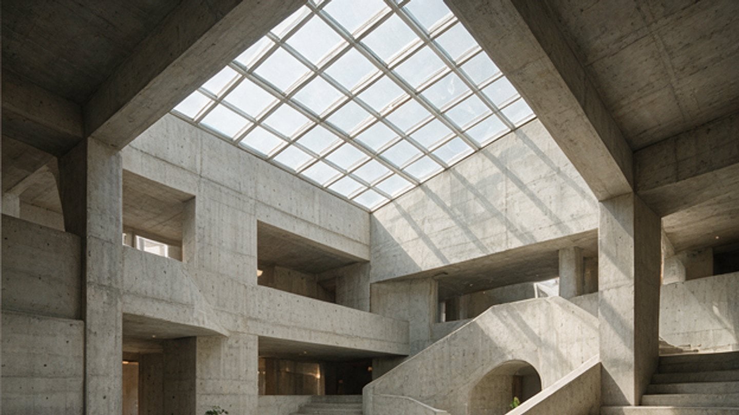Concrete atrium filled with daylight