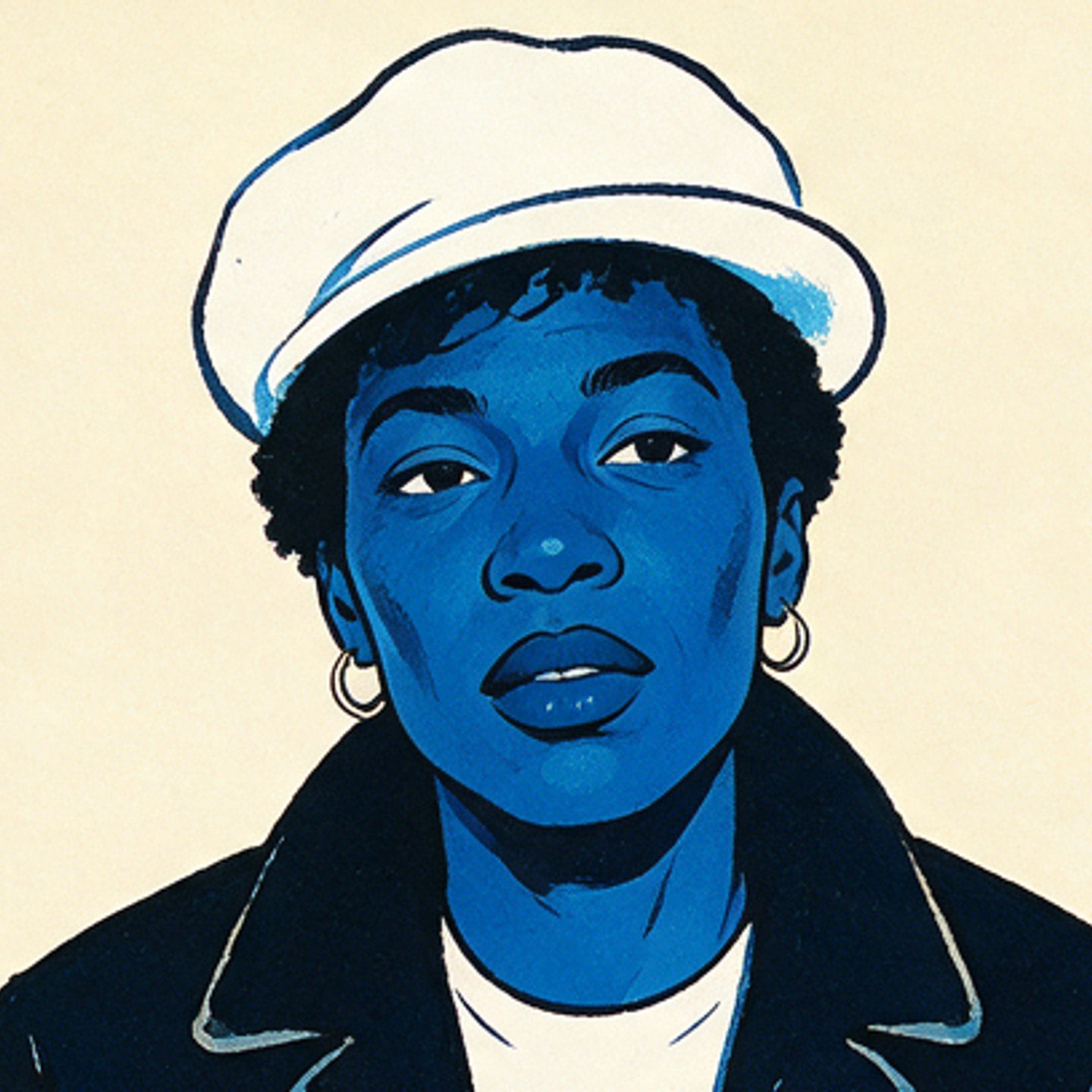 Two-colour risograph portrait of a woman in a white cap and dark coat, printed in cobalt ink on cream paper
