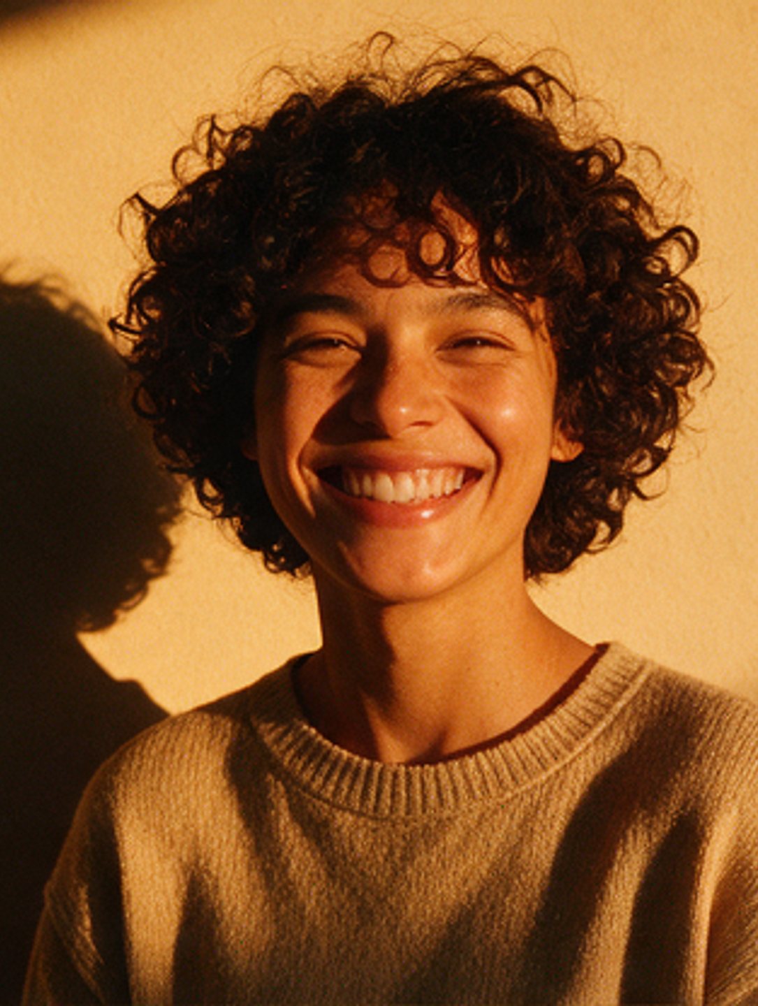 Curly-haired woman smiling in low golden sunlight