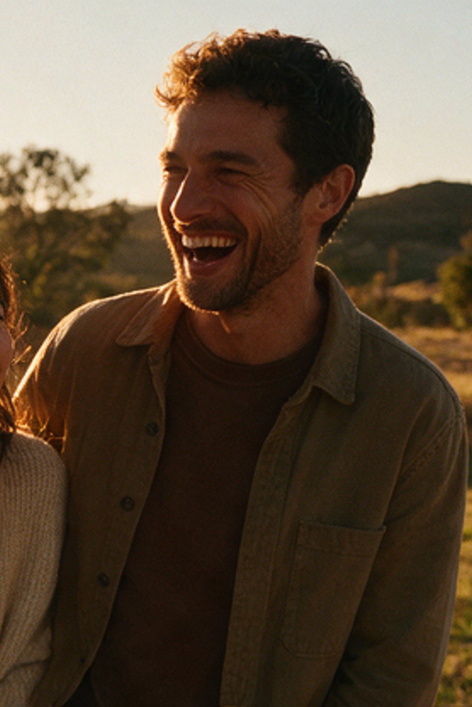 Man laughing outdoors at golden hour