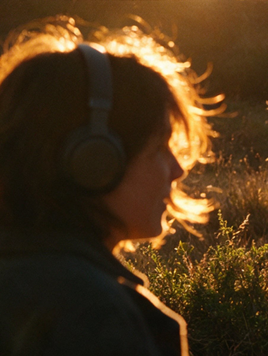 Profile with headphones, backlit by the setting sun