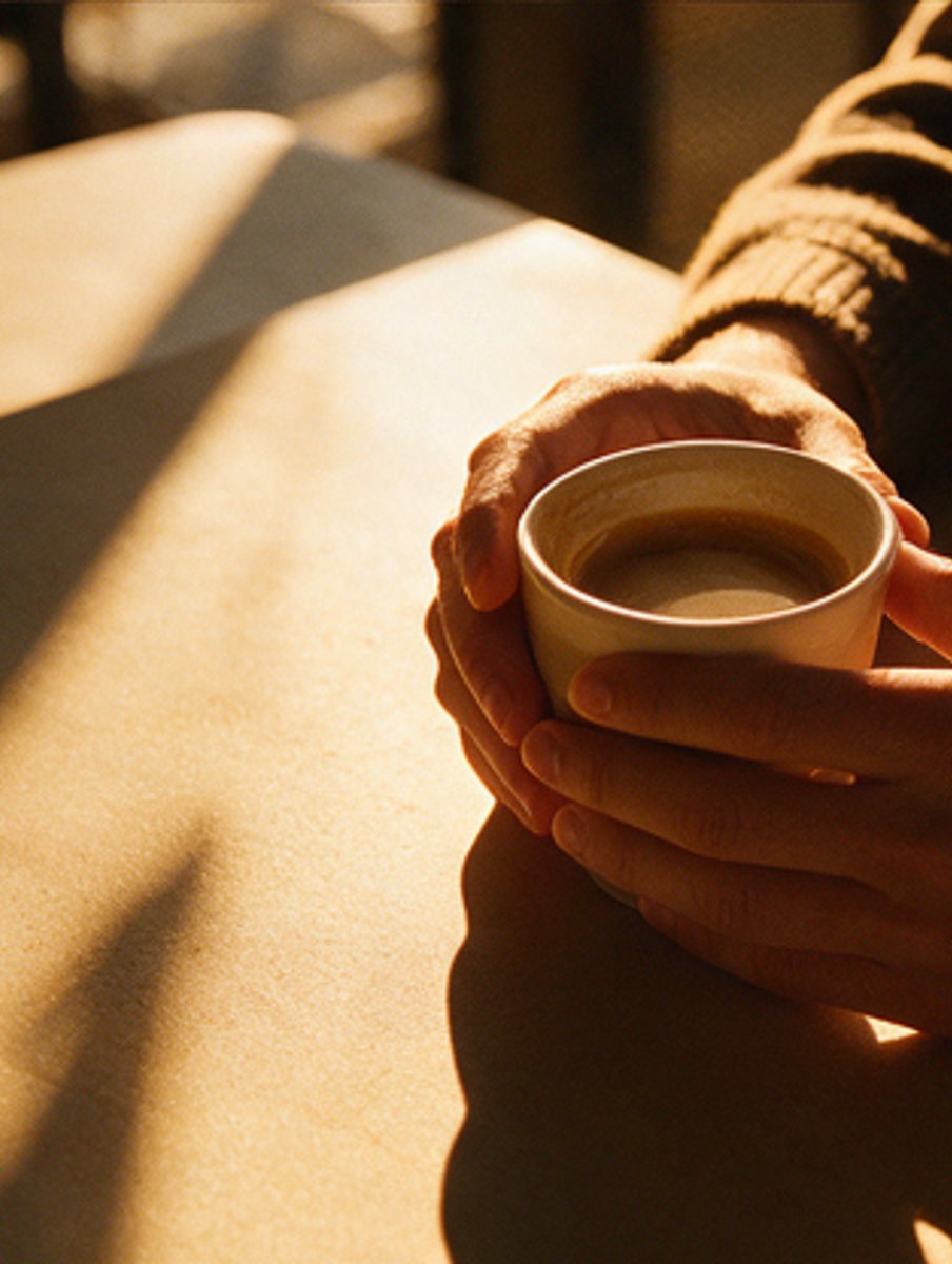 Hands cradling a cup of coffee in warm evening light