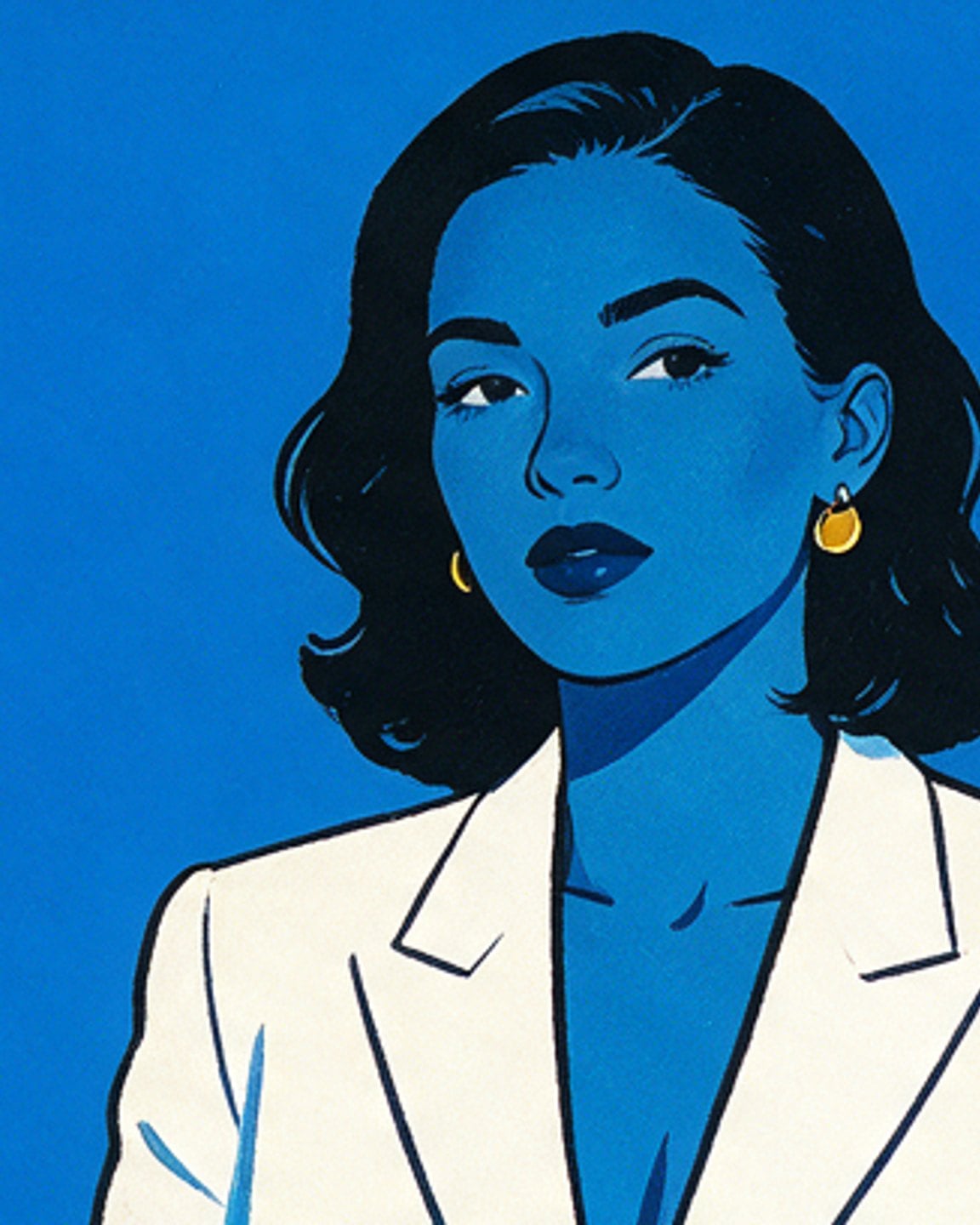 Riso poster: portrait in a white blazer printed in blue ink