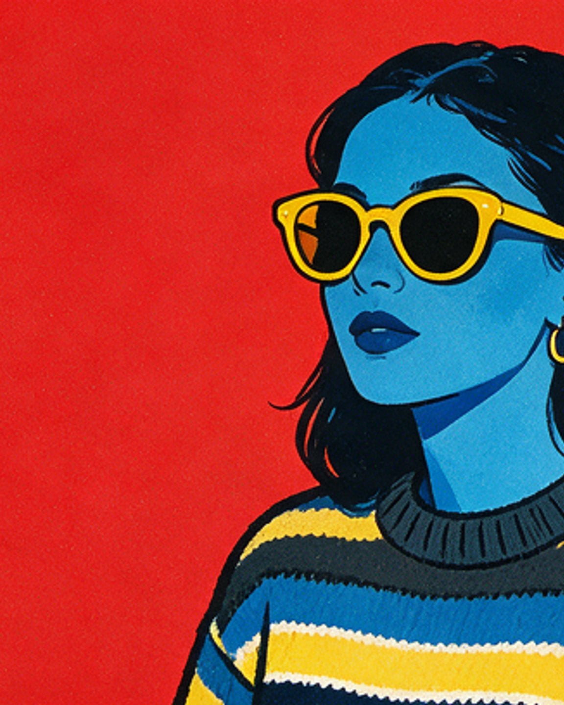 Riso poster: portrait printed in blue and yellow ink on a red ground