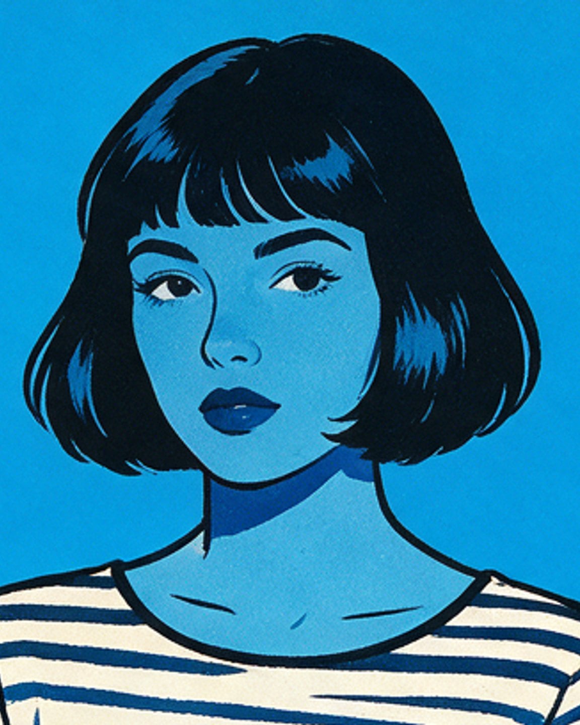 Riso poster: portrait with a striped shirt printed in blue and black ink