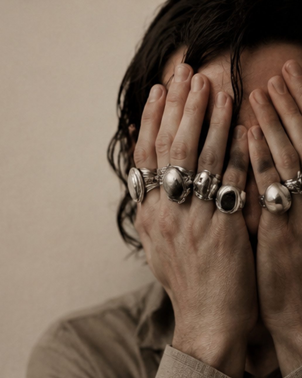 Hands stacked with silver rings covering a face