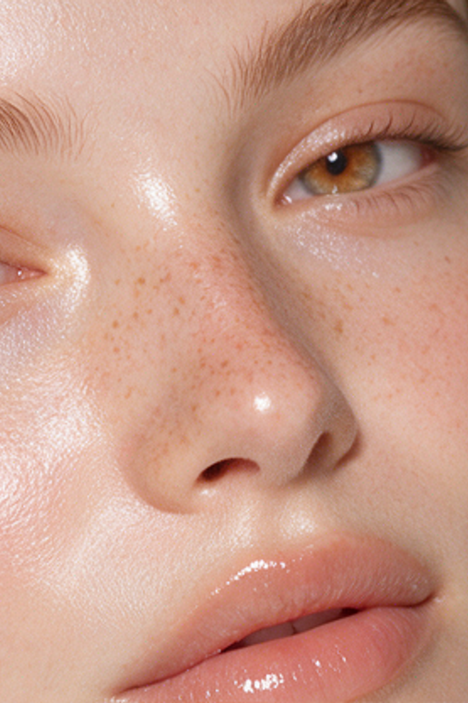 Macro of a freckled face in soft light