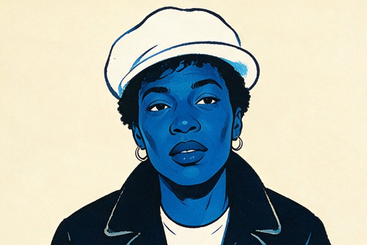 Screen-printed portrait of a woman in a white cap, bone paper