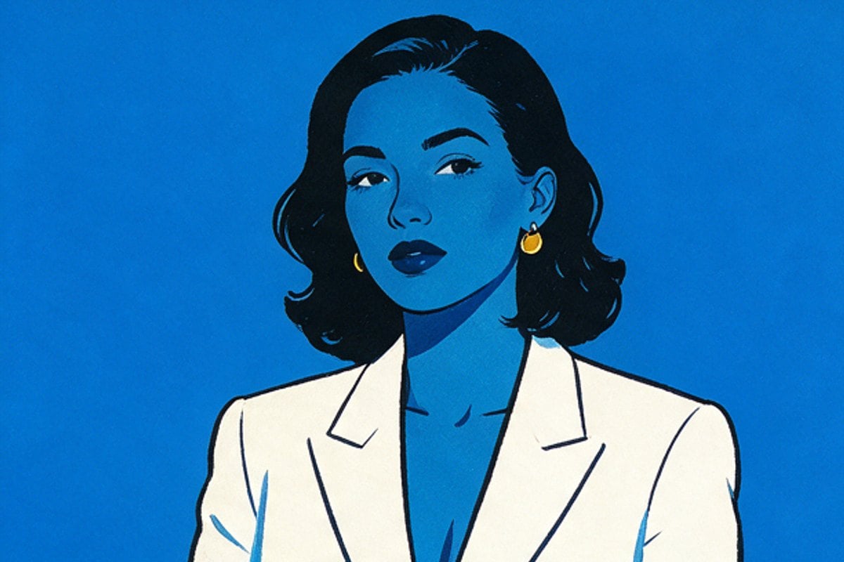 Screen-printed portrait of a woman in a white blazer on cobalt