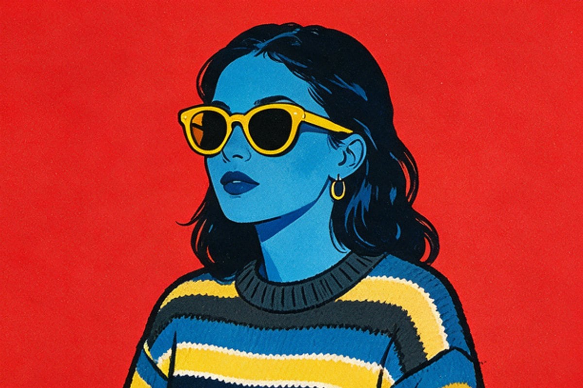Screen-printed portrait of a woman in yellow sunglasses on vermilion
