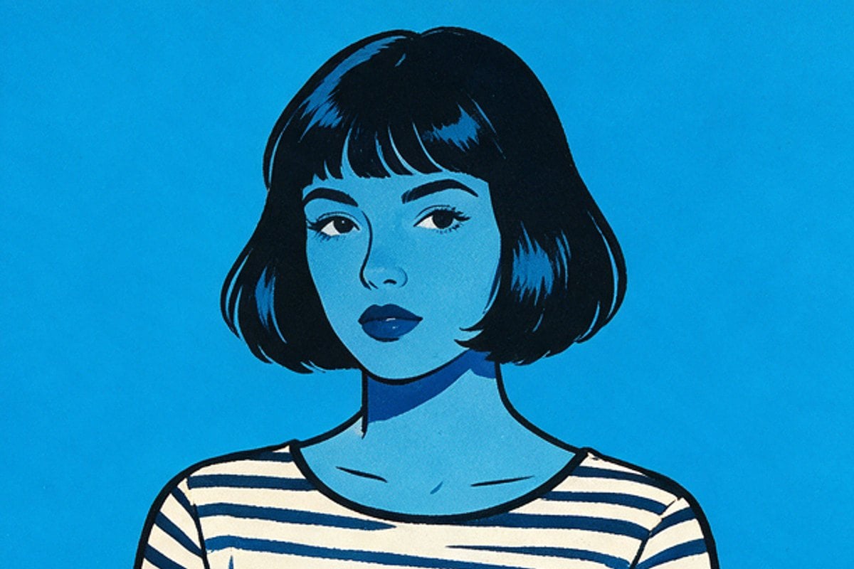 Screen-printed portrait of a woman with a black bob on process blue