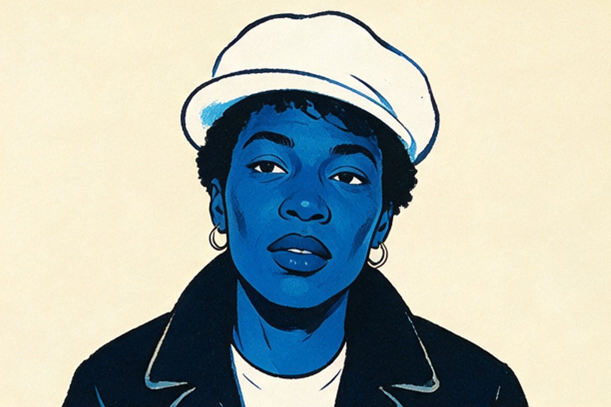 Screen-printed portrait of a woman in a white cap, bone paper