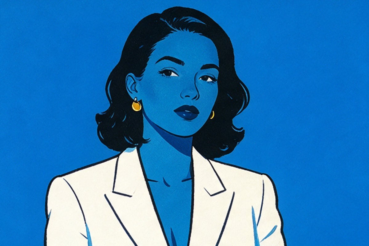 Screen-printed portrait of a woman in a white blazer on cobalt
