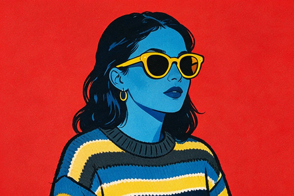 Screen-printed portrait of a woman in yellow sunglasses on vermilion