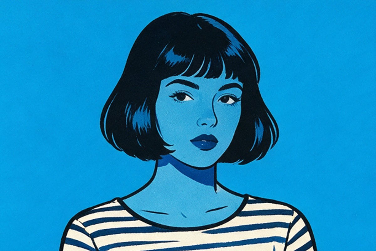 Screen-printed portrait of a woman with a black bob on process blue