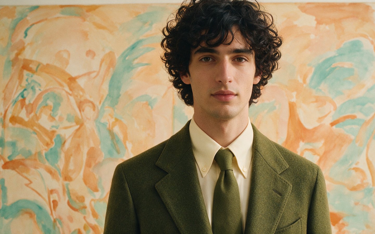 Model in an olive wool suit standing before a hand-painted mural