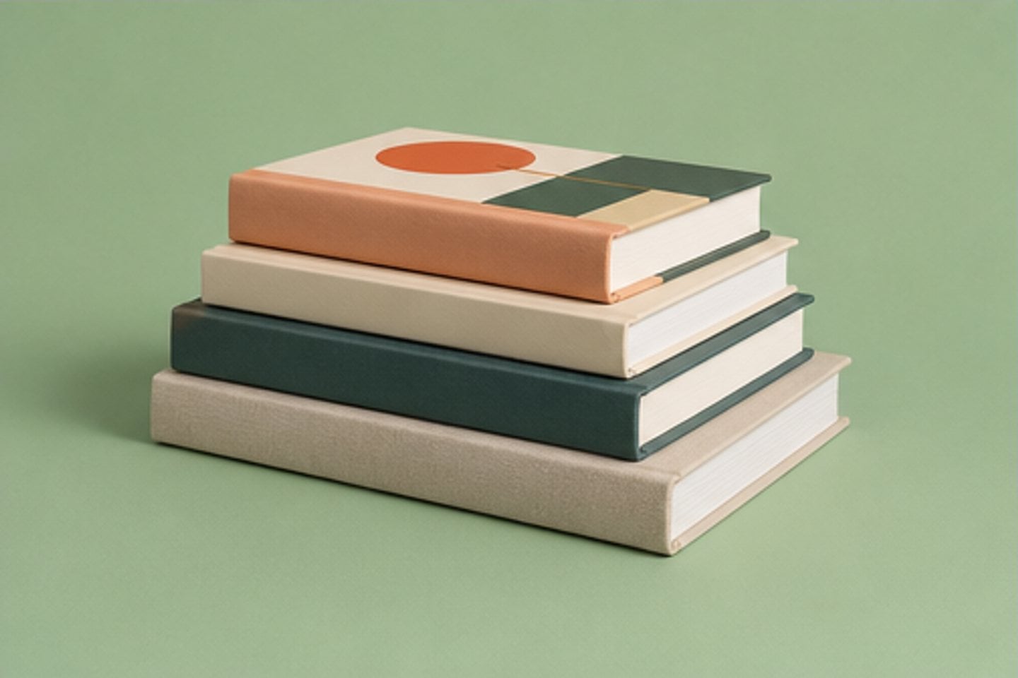 Cloth-bound books stacked on sage green