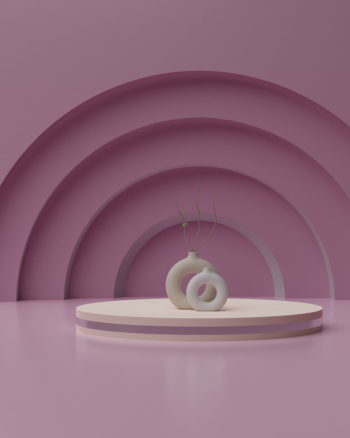 White sculpture on a plinth under mauve arches