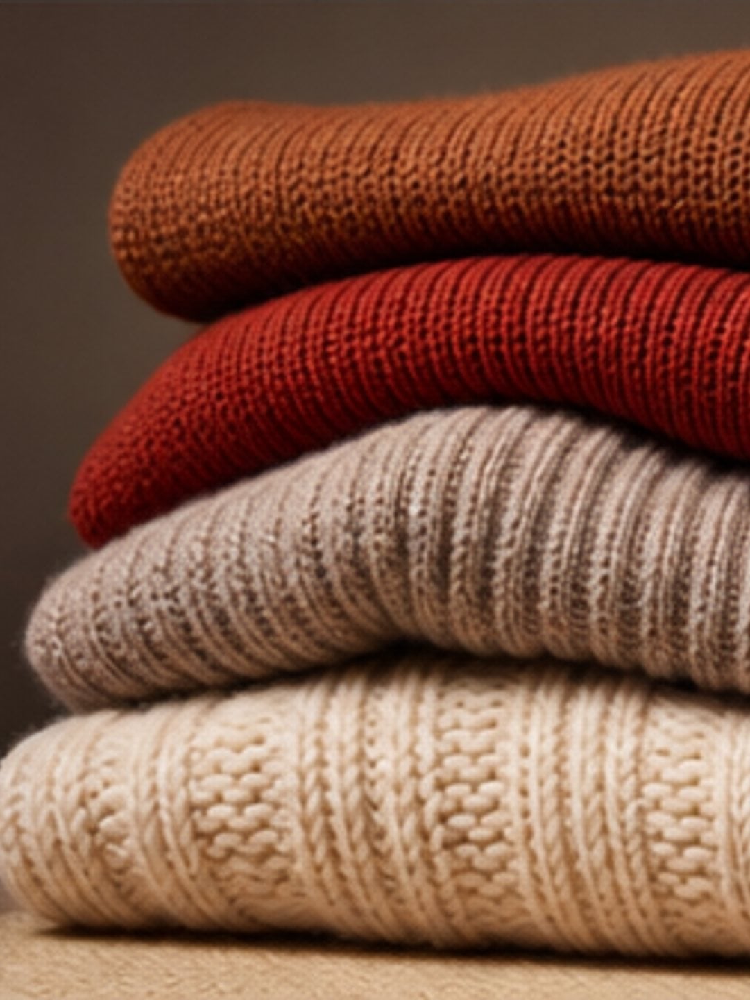 Folded knitwear in rust, cream and oat