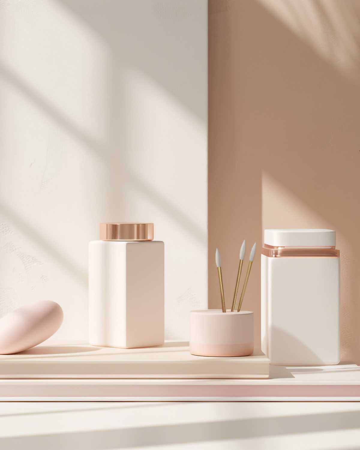 Sunlit arrangement of pink and beige vessels