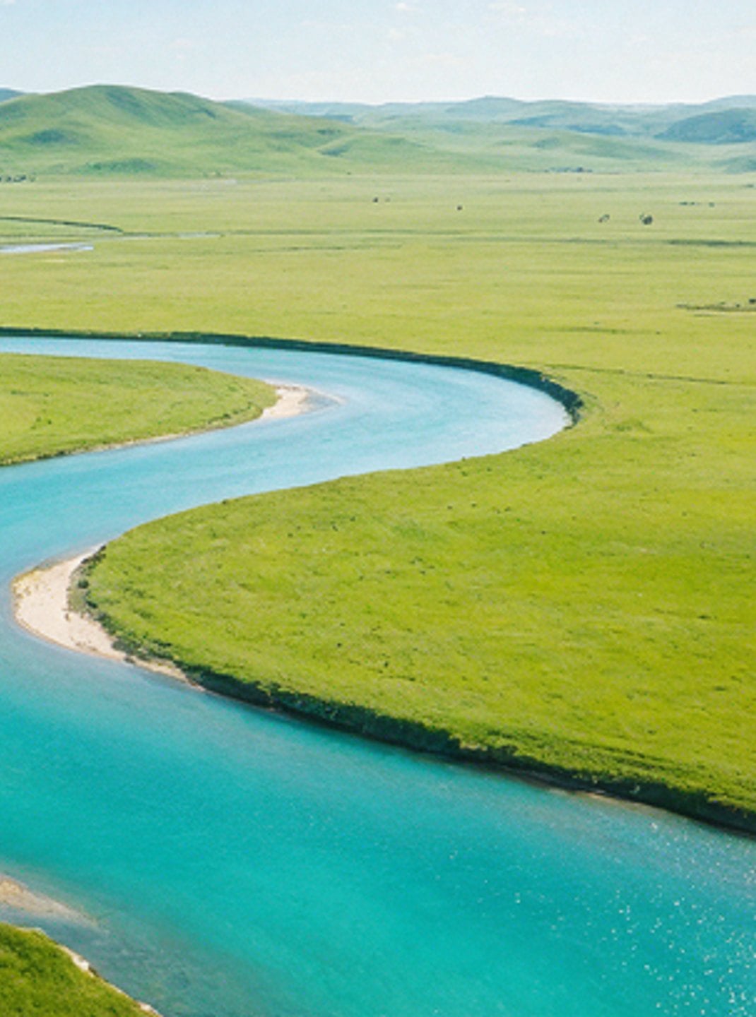 Aerial view of a braided river winding through green floodplain