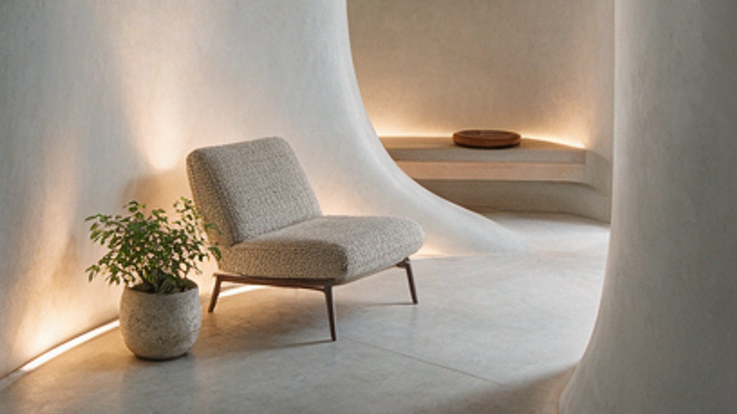 Ribbed plaster tunnel opening onto a lounge in soft daylight