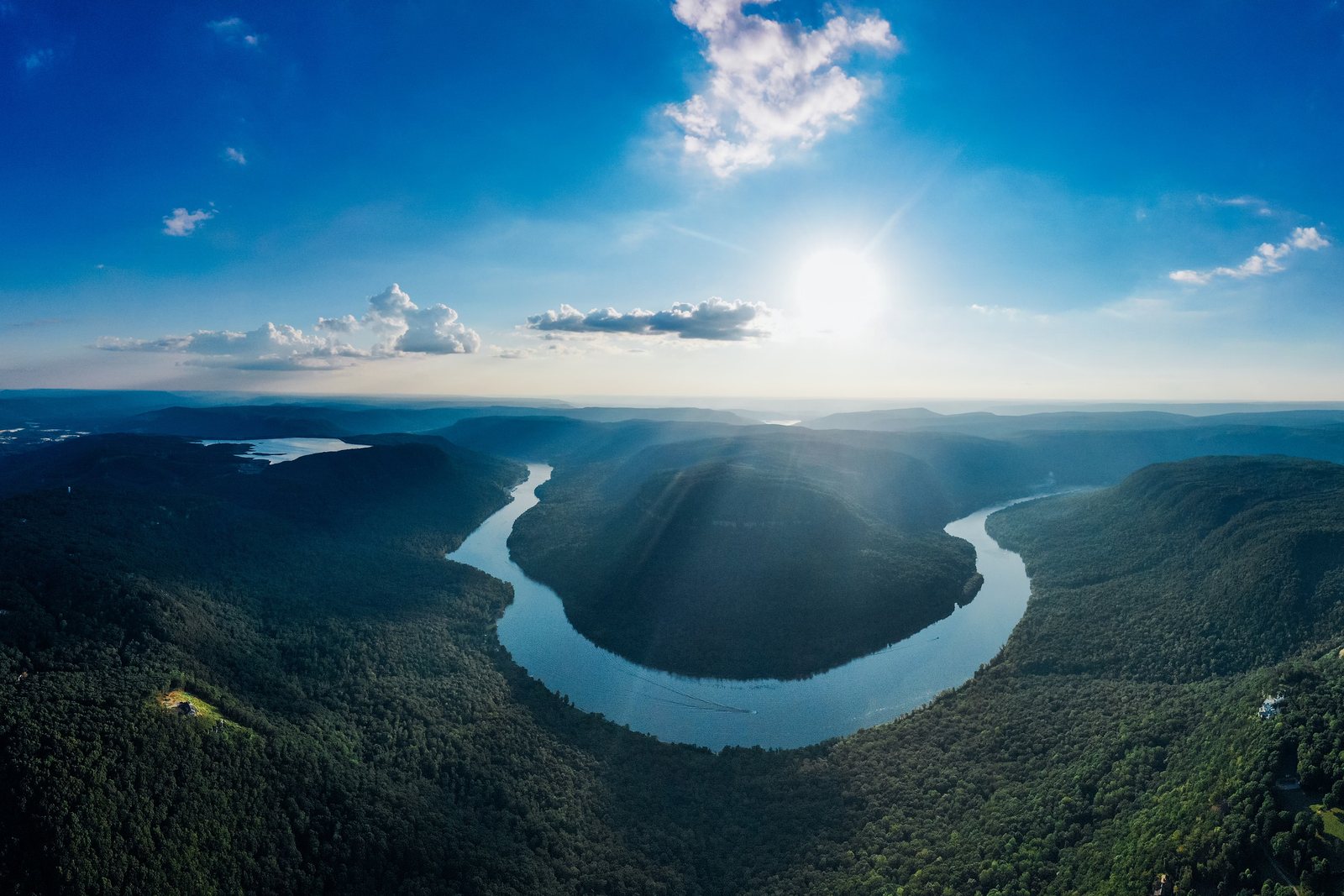 Aerial view of a wide river bend