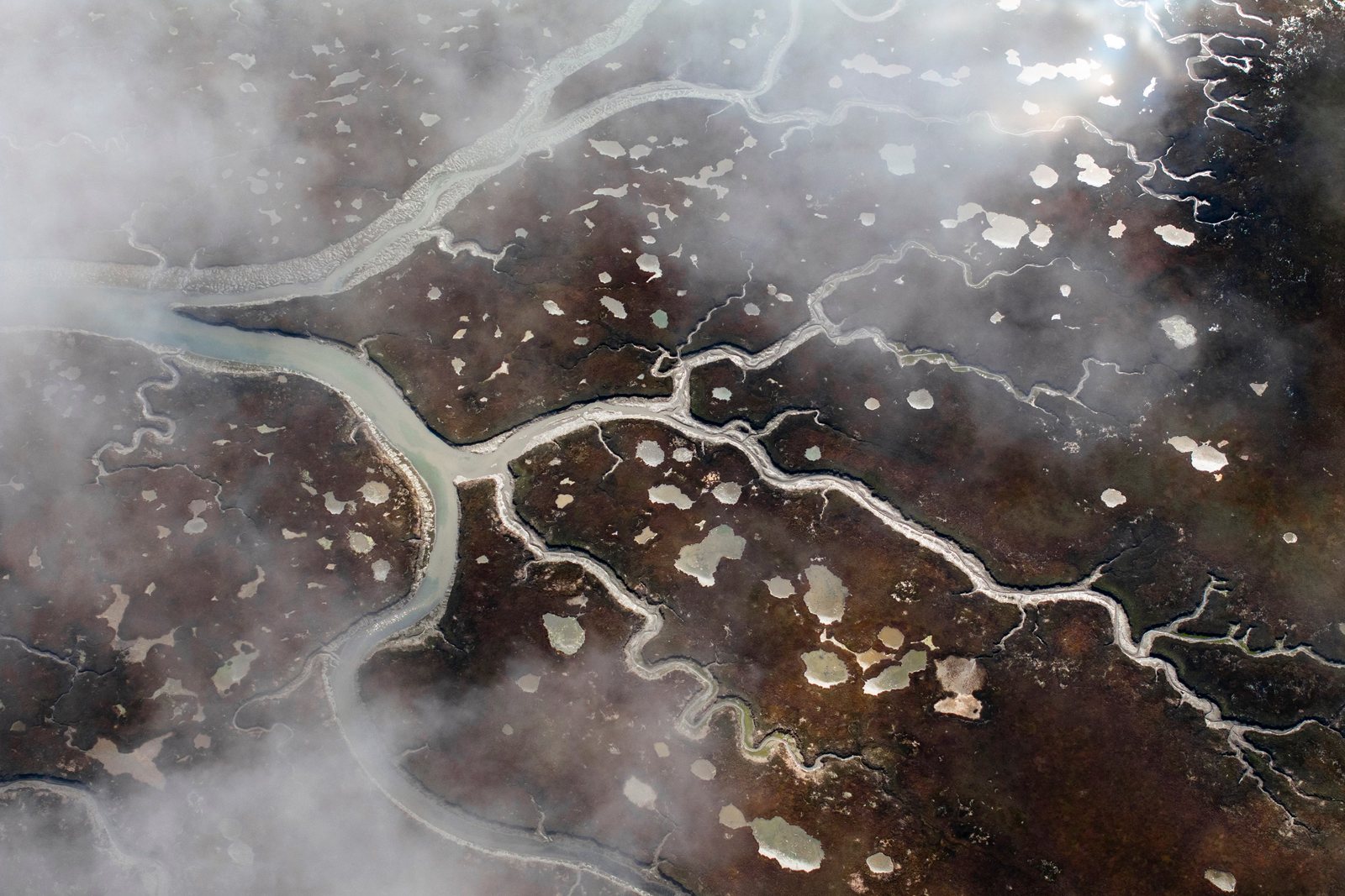 Aerial view of a tidal river delta