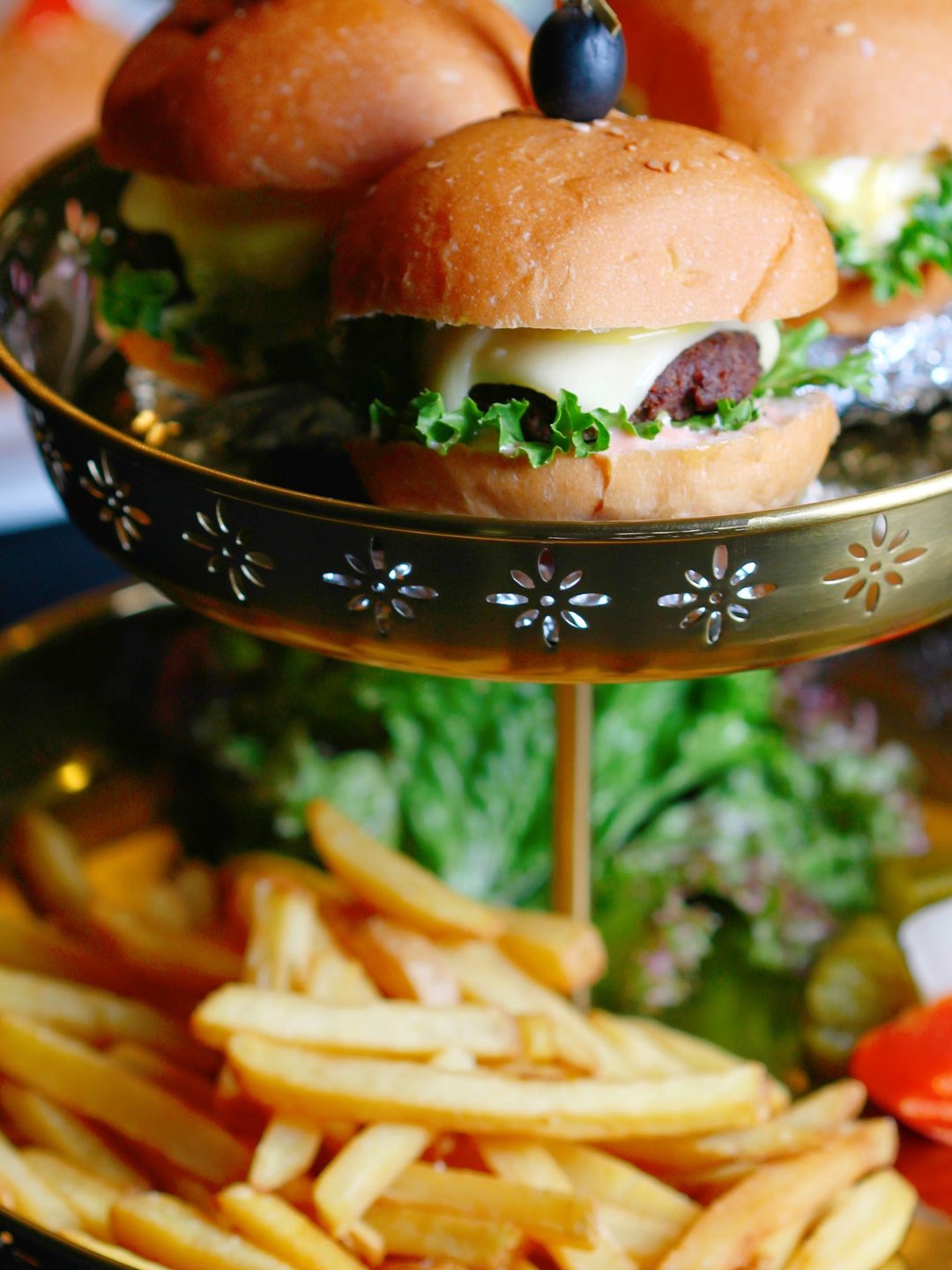 Stacked smash sliders with fries