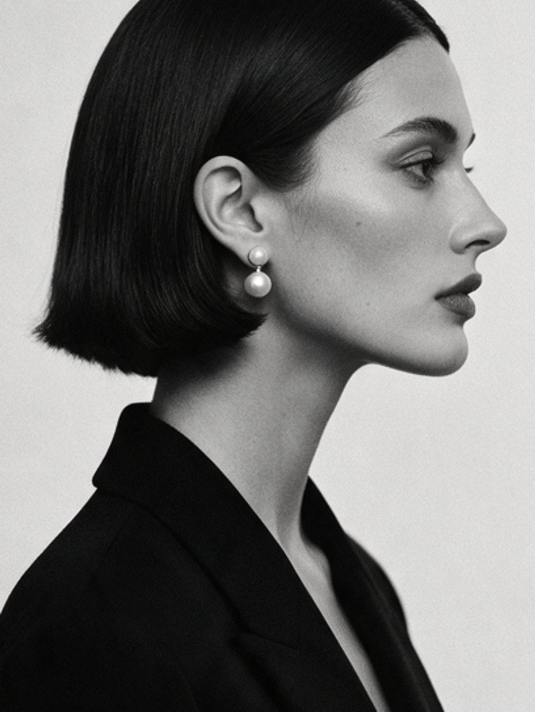 Model in profile wearing a double-pearl drop earring and black tailoring