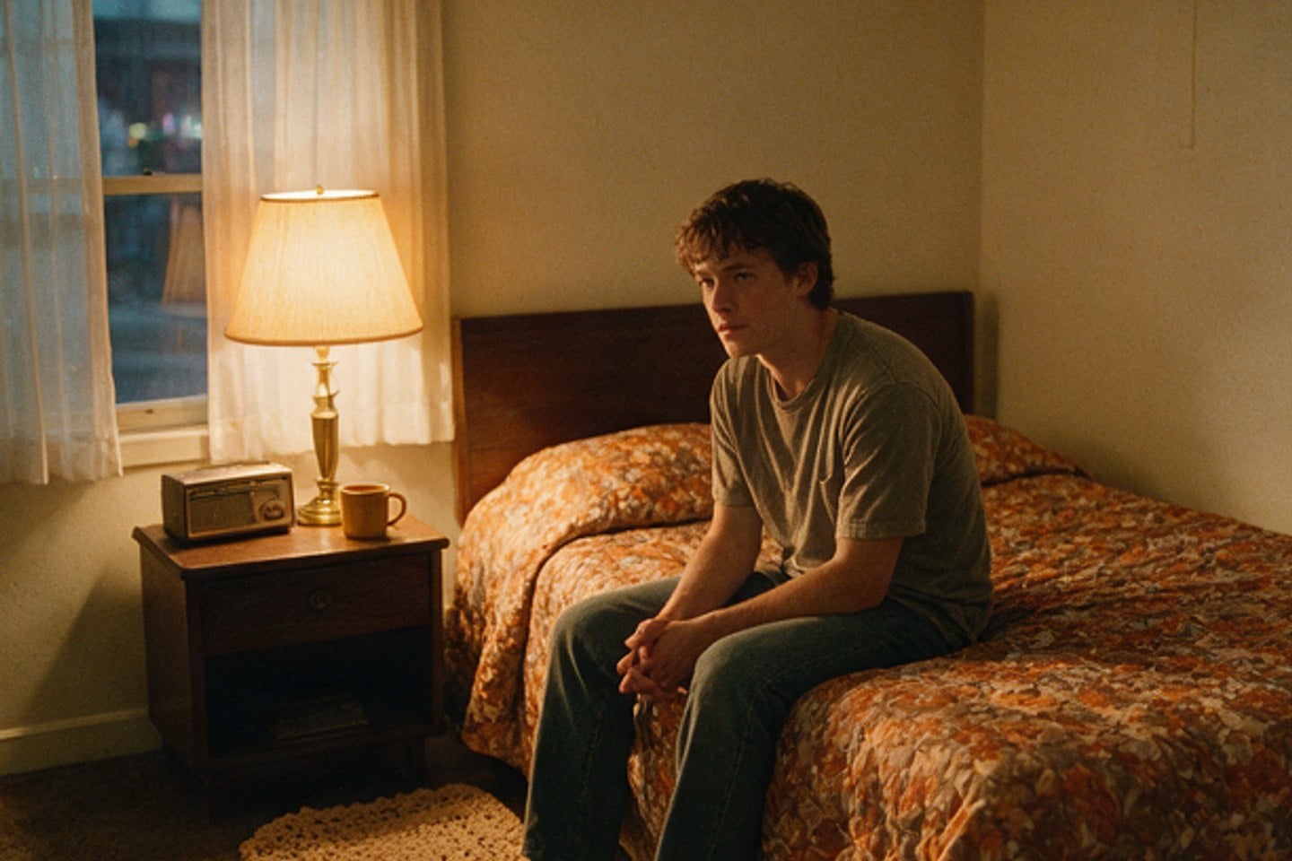 Liam Cartwright in a motel room at dusk