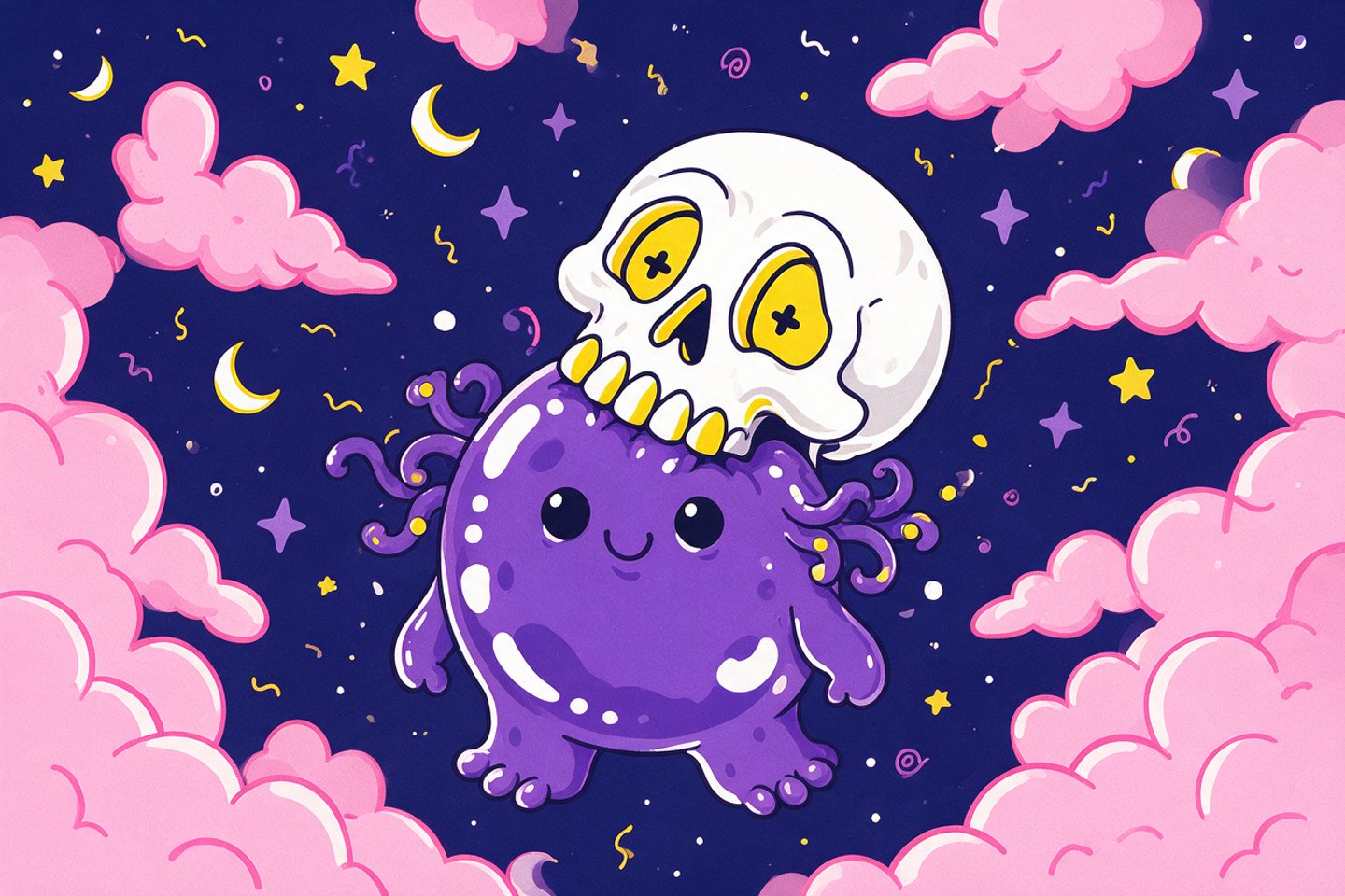 Reverie — a grinning cartoon skull resting on a purple slime creature against a night sky of pink clouds
